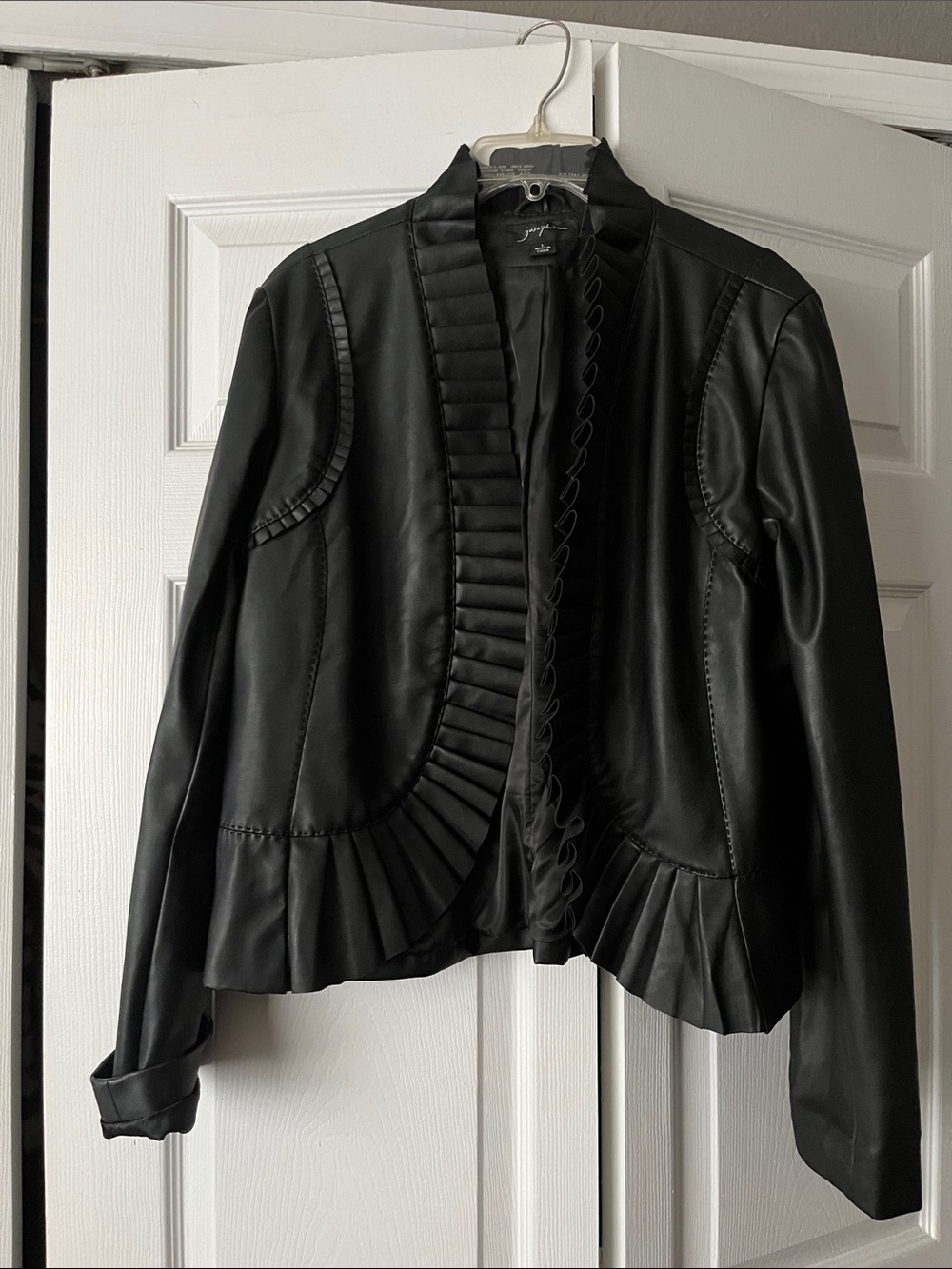 Women's Black Pleated Trim Leather Jacket